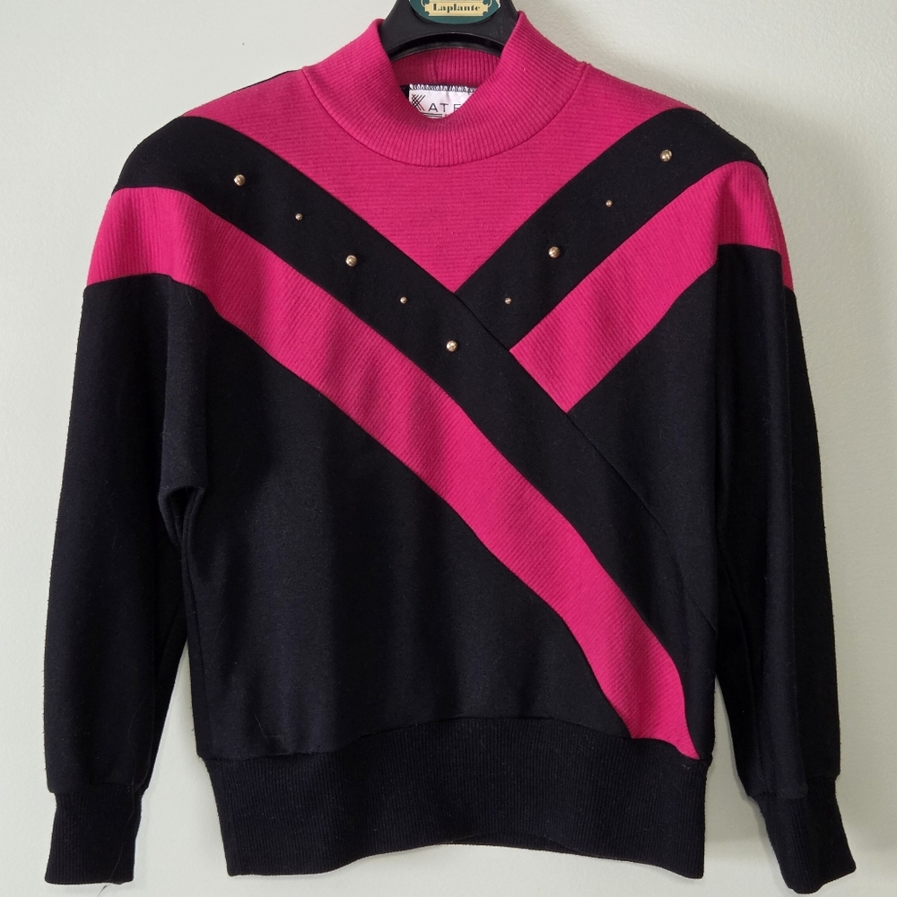 Vintage 80's Pink+Black Turtleneck Sweater W/ Gold Dots Apres Ski Cottagecore SM